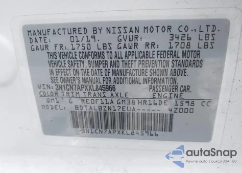 2019 Nissan Versa 1.6 Sv из США, поврежденный, VIN 3N1CN7APXKL845966